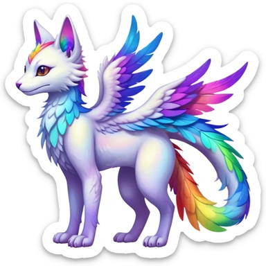 Kawaii neon colorful with feather-wing-ears rainbow iridescent fantasy ethereal feline-vernid-sergal-fursona animal creature with a tufted tail full body with intricate markings sticker