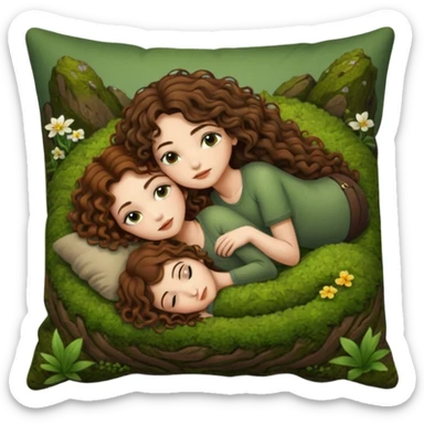 cozy moss bed — long wavy brown hair tattooed woman and short tight curly brown hair woman — curled together on moss pillow sleepy sticker