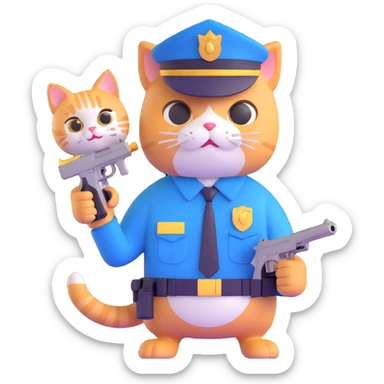 a police officer and a cat, the cat holding a small gun, both looking surprised sticker