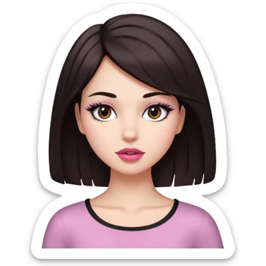my hair is dark brown almost black, reaching my waist. the haircut is wolfcut, pretty lasher hut not thick. slightly pink lips. sticker