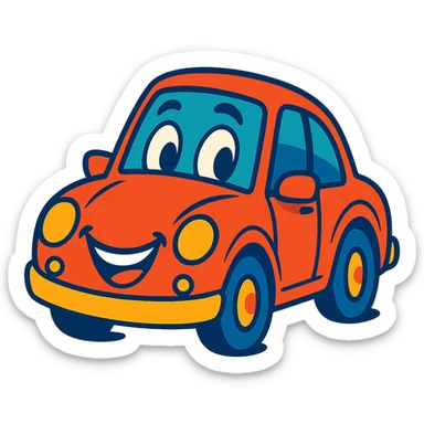 stylized car with a face, animated features, cheerful expression sticker