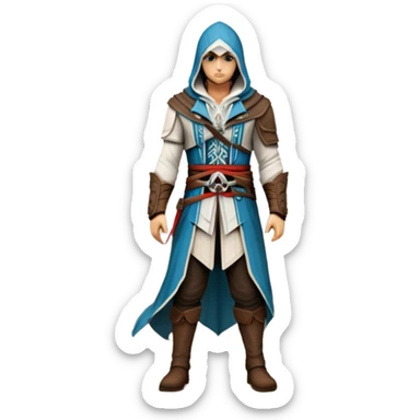 icon featuring Assasin's Creed in an iconic assassin's hood, standing tall against the backdrop of Florence. The design captures the essence of adventure, with intricate details of historical architecture and a sense of mystery. The character is poised, ready for action. transparent background. sticker