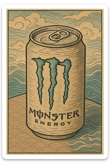 monster energy drink can, ukiyo-e inspired cartoon illustration style, traditional Japanese woodblock print look sticker
