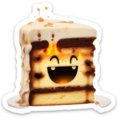 half raw half burned cake with melted smile sticker