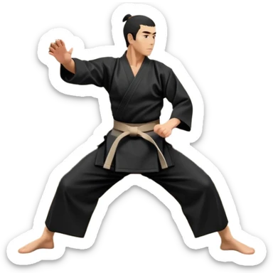 An icon depicting an aikido fighter in a black gi, executing a graceful throw in a martial arts dojo. The background features traditional wooden floors, tatami mats, and a serene atmosphere with soft lighting. The focus is on the fighter's precise technique and fluid movement. Transparent background sticker