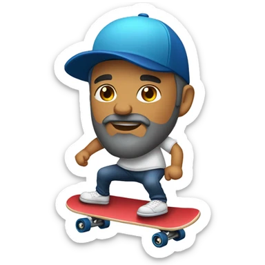 latino guy with gray beard and baseball cap riding a skateboard sticker