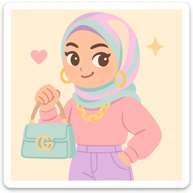 baddie hijabi, playful smirk, statement jewelry, designer bag, patterned hijab, trendy clothes, cool attitude, pastel colors sticker