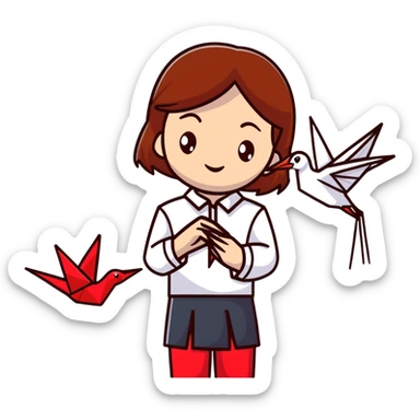Ukrainian young girl with brown hair wearing a white embroidered shirt holds an origami red crane sticker