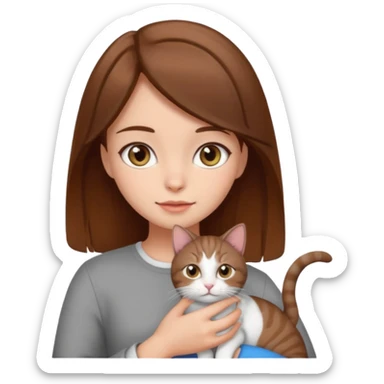 Girl, her hair is brown, and her eyes is grey, in hands cat sticker