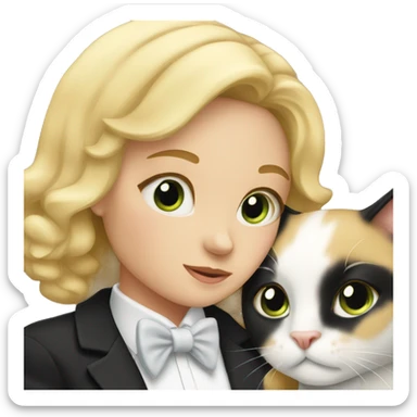 Blonde girl snuggling tuxedo cat sticker