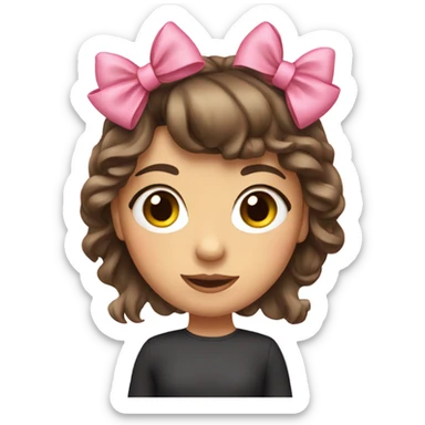 brunette girl with tow pink bow in her hair and bang sticker