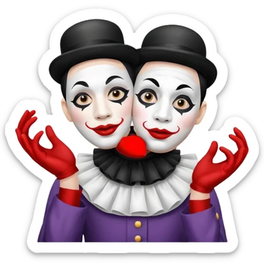 a mime holding two masks, expressive, white face paint, classic mime outfit sticker