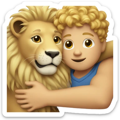 curly short blonde boy hugging a lion sticker