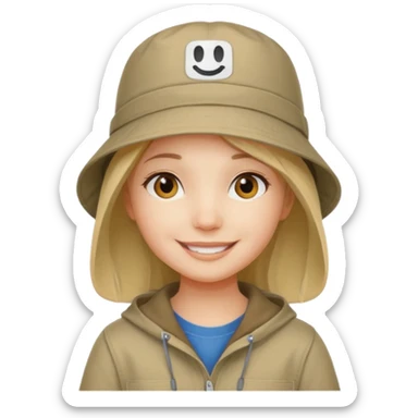 A girl with a khaki bucket hat on her head and a small detail in the form of a white rectangle with the inscription: "вйо до пригод" sticker