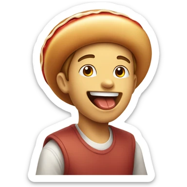 boy enjoying food indoors wearing hotdog hat sticker