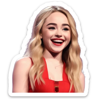 “Sabrina Carpenter in a red outfit, smiling confidently while performing on stage.” sticker