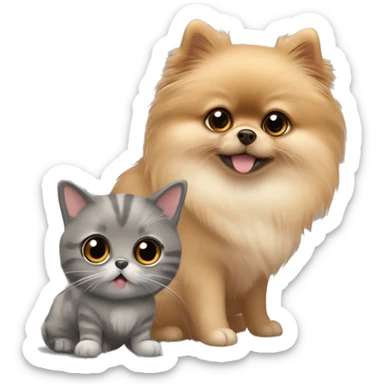 Super cute, big eyed pomeranian in tan with a grey tabby scottish fold cat sticker