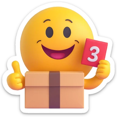 3D smiley emoji, round shape, youthful and cute courier: only two hands, one holding a package, the other waving, big smile, transparent background sticker