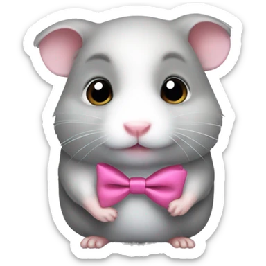 a cute grey hamster with big eyes and a pink bowtie sticker