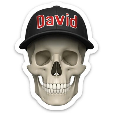 Create a skeleton head wearing a black baseball cap that says " David " in red, and white lettering, with no hair sticker