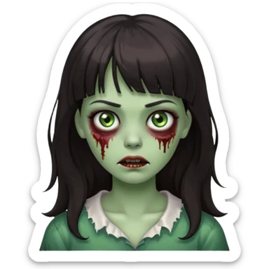 Zombie girl, with bangs above her eyebrows, her dark hair, thin eyebrows. Long hair and Wavy sticker