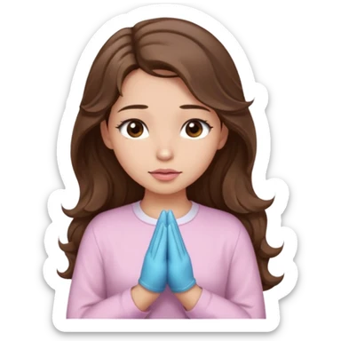 girl with wavy long brown hair, brown eyes, light to medium complexion, long lashes, light pink lipstick, praying, wearing light pink shirt sticker