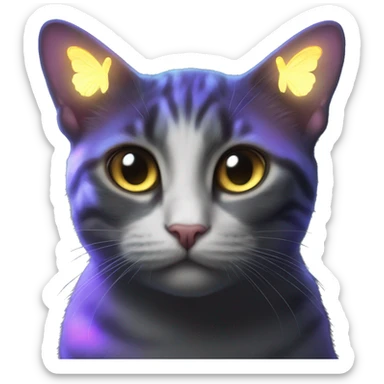 Dark iridescent butterfly glowing on top of cats head  sticker