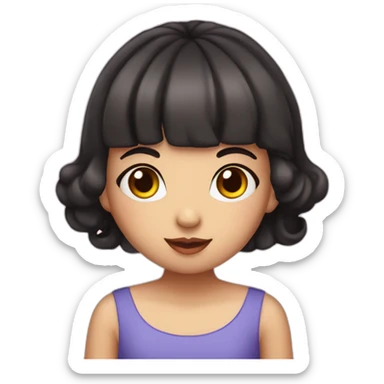 White-skinned girl with dark short wavy hair and bangs in a birthday cap with a cupcake with a candle sticker