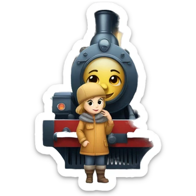 A small Russian child with a locomotive near the Christmas tree sticker