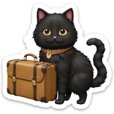 Black fluffy cat carrying suitcase in sunny place sticker