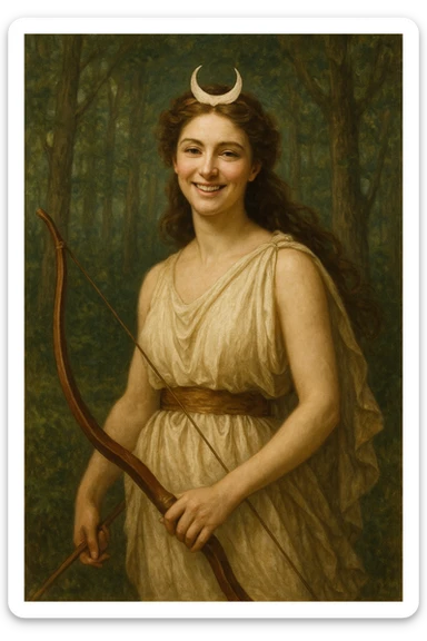 Happy Diana, Roman goddess, in a forest, holding a bow, crescent moon tiara, smiling, mythological and elegant sticker
