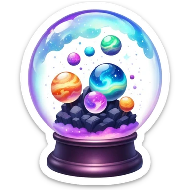 Tiny mystical mysterious sparkly cloudy magical glowing spherical nebula planets inside a glass globe dome sticker