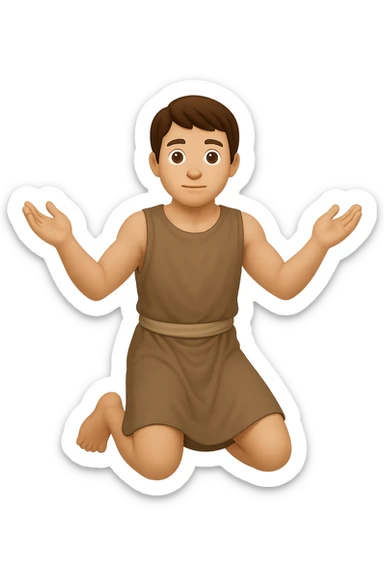 Remake this emoji in apple emoji style with brown hair and no silver handbands, fullbody apostle kneeling pose, variation 4. Keep the apple emoji style look and feel. sticker