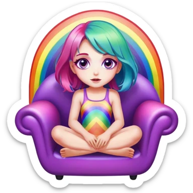 Psychedelic girl with large glistening eyes and rainbow colored hair sitting in a chair, ultra realistic facial details sticker
