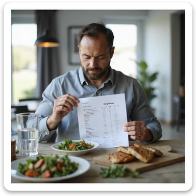 realistic image of a man following a personalized nutritional plan for weight loss, sitting at a table with salad, grilled chicken and water, consulting a printed nutritional chart, modern home environment, bright and motivated atmosphere sticker