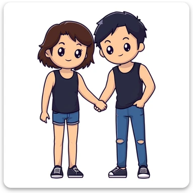 A girl with long brown hair holding the hand of a boy with short black hair, she wearing a black tank top with flared blue jeans, he wearing a black t-shirt with grey jeans, couple in love sticker