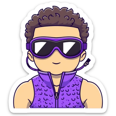 male athlete with white skin and moderately curly dark brown hair on top with shaved sides, wearing ski goggles with purple frames and very dark black lenses, a simple plain black chain necklace, and a completely unzipped sleeveless vest with purple and black sequin fire pattern design with no logo, fully revealing his chest, shoulders and arms, no earrings sticker