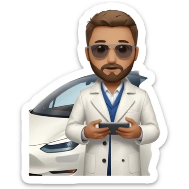 White tesla model 3 with one cool physician with dark blond hair, beard and dark sunglasses next to it sticker