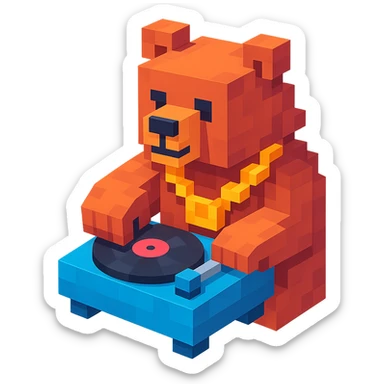 Russian grizzly bear with a rapper chain, scratching a DJ turntable sticker