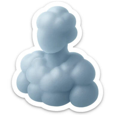 a human figure, upper body only, composed of puffy, three-dimensional white clouds, looking straight ahead, in matte glass style sticker