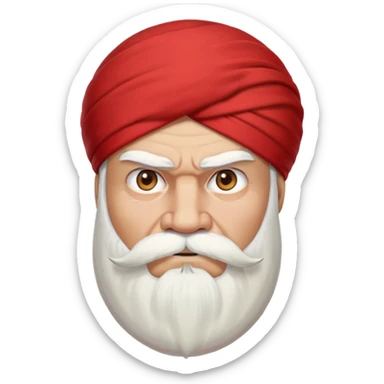 a man with a large white beard and moustache. He has a red turban and an angry expression sticker