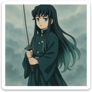 Muichiro Tokito from Demon Slayer, anime style, full body, holding a sword, misty background sticker