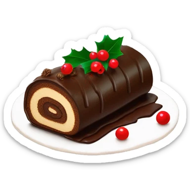 Classic yule log cake with chocolate frosting, decorated with red berries and holly leaves sticker