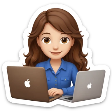Sitting in front of a laptop in the style of a cute female developer. No glasses, long hair waves and smiling. sticker