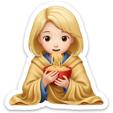A girl eating noodles cuddled up in a blanket sticker