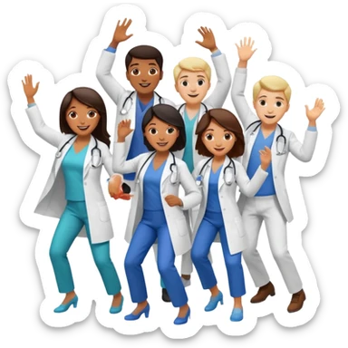doctors in white coats of different ethnic background and both sexes dancing / doing cardio sticker