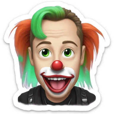 elon musk with a clown face and green nose with a dollar sign on it and puppy dog tongue and ears like an egirl sticker