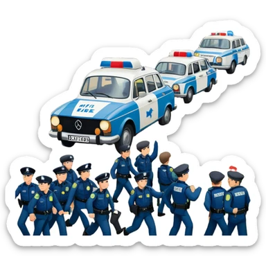 West German protest scene, 1968, young people with colorful protest signs saying 'Make Love Not War' and 'Mehr Demokratie wagen', BRD flag, flowers, police in background, lively mood sticker