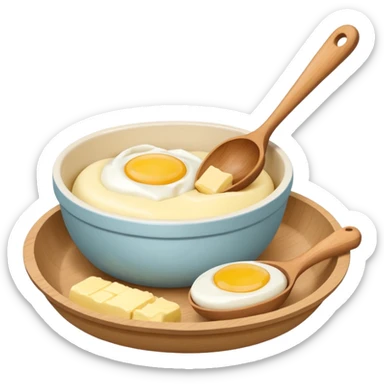 A cream ceramic baking bowl with a wooden spoon in it, next to it is a carton of eggs and butter sticker