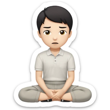 A cartoon young Asian boy with short black hair, light beige skin, and large expressive eyes, wearing a white polo shirt, gray pants, and black shoes. He sits cross-legged on the ground, one fist resting on his cheek, with a closed-mouth smirk. Clean lines, flat colors, solid black background. sticker